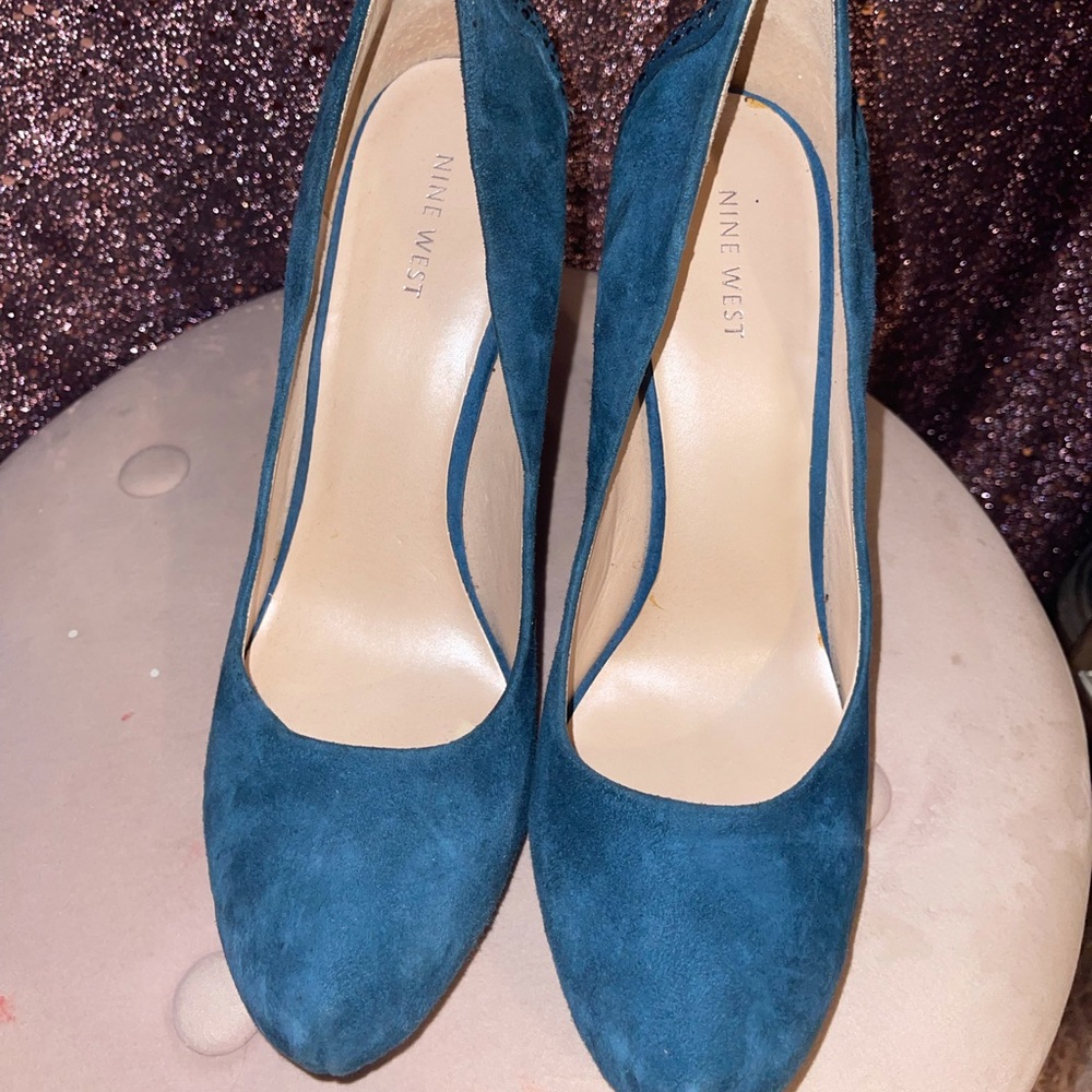 Teal rhinestone backed high heels